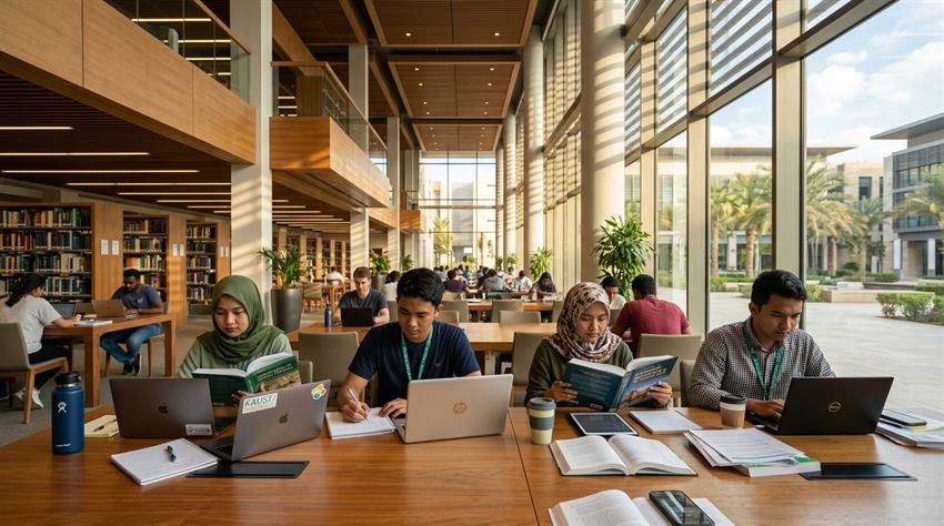 Mahasiswa Indonesia sedang belajar dan berdiskusi di perpustakaan kampus Arab Saudi