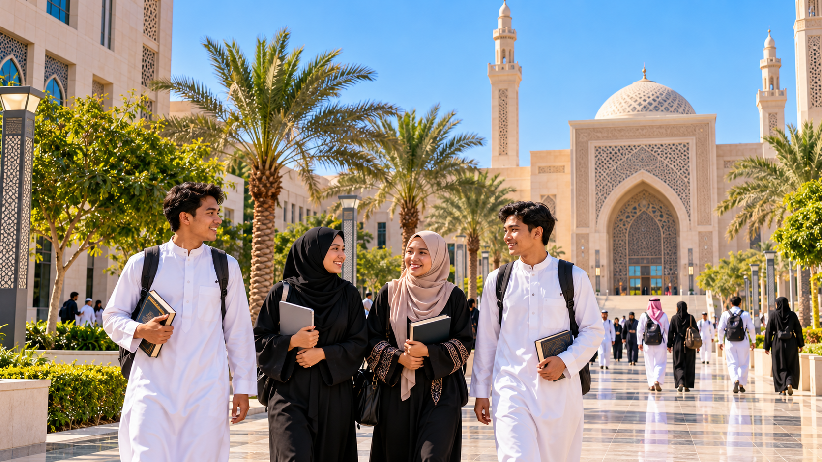 Ilustrasi mahasiswa Indonesia berjalan bersama di lingkungan kampus universitas Arab Saudi dengan fasilitas pendidikan modern
