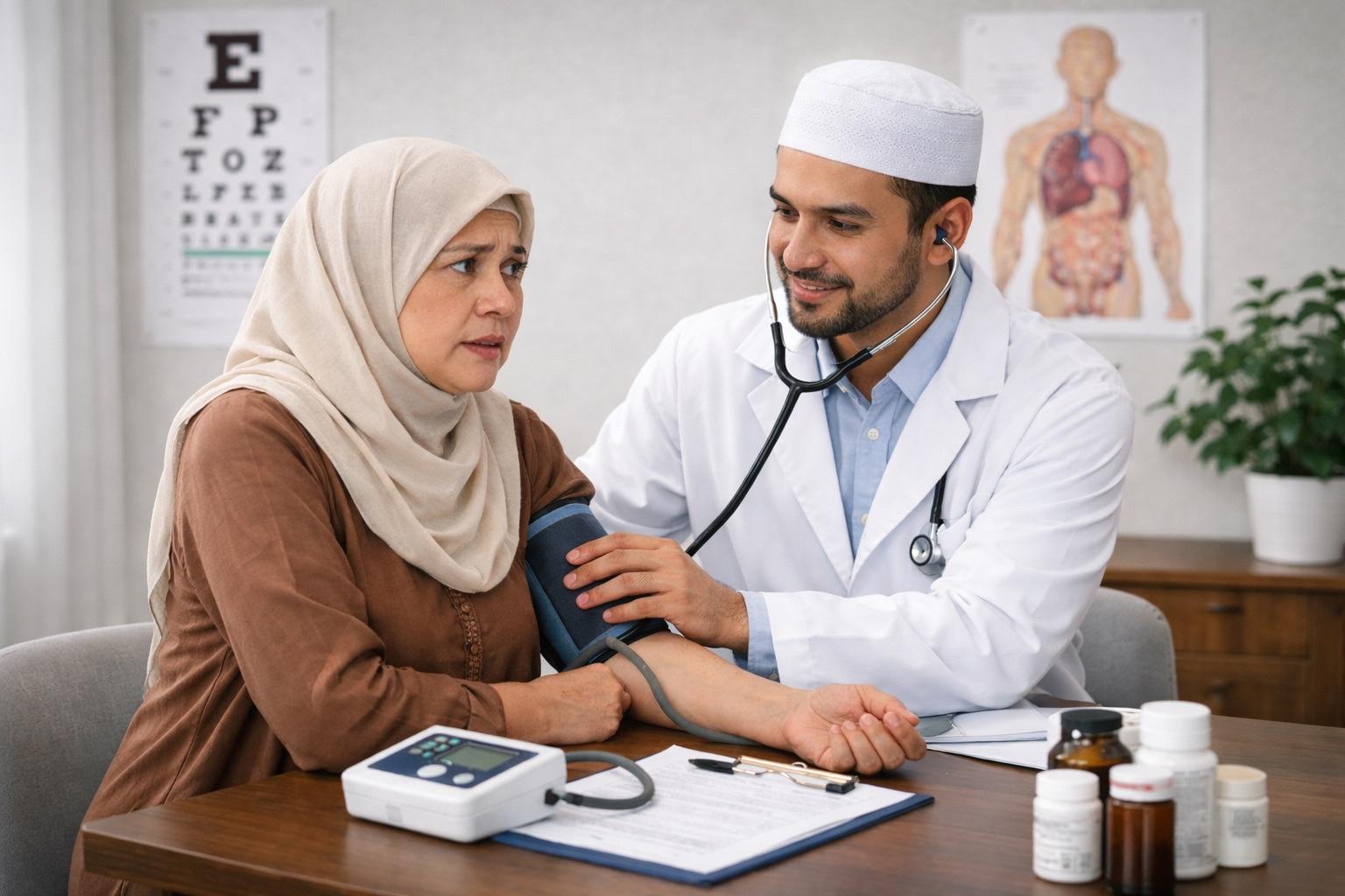Dokter memeriksa tekanan darah jamaah lansia sebagai persiapan kesehatan sebelum umrah