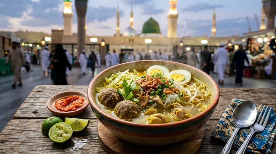 Semangkuk bakso dan soto ayam kuah gurih disajikan hangat di dekat Masjid Nabawi Madinah